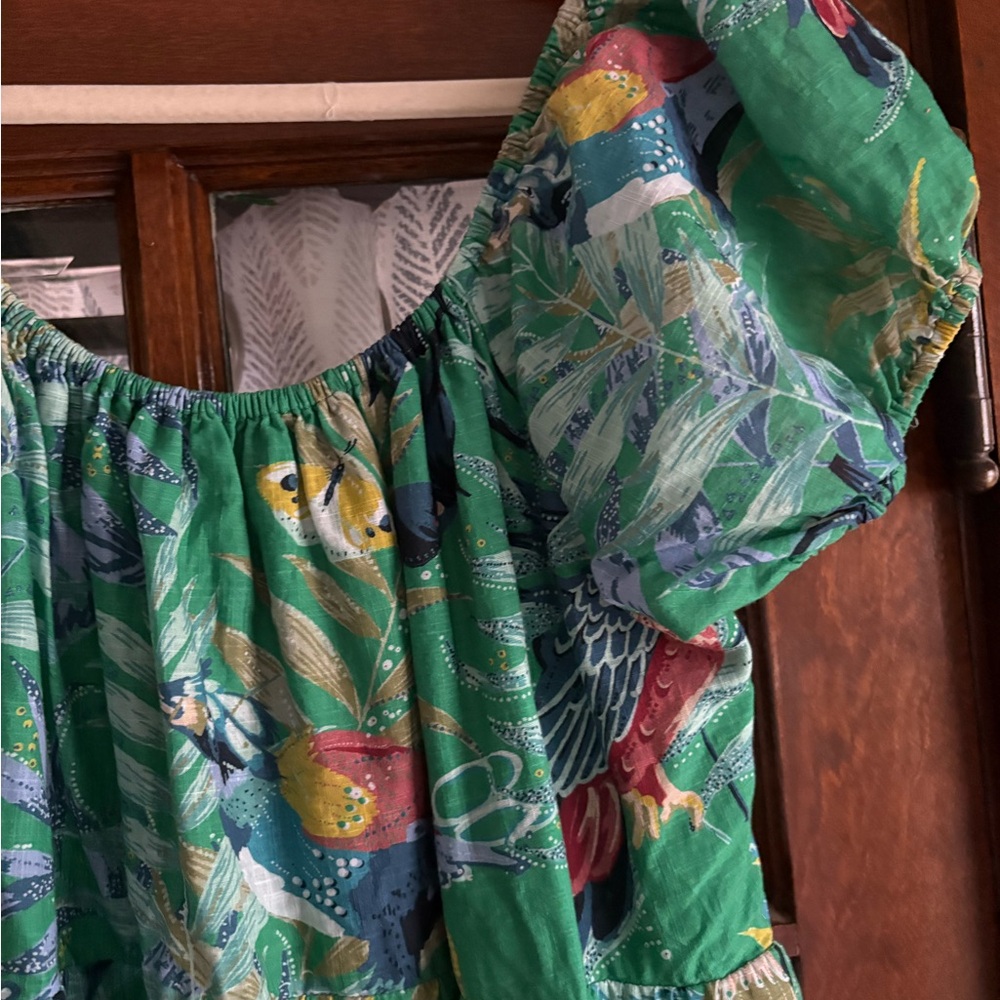 Anthropologie Maeve Tropical Green Tiered Maxi Dress Cotton Birds Butterflies - Picture 10 of 11